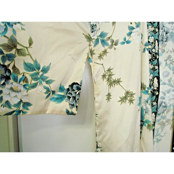 Vtg Made in Japan Blue Green Floral Open Kimono Robe Polyester Asian Gown One Sz - Picture 3 of 12